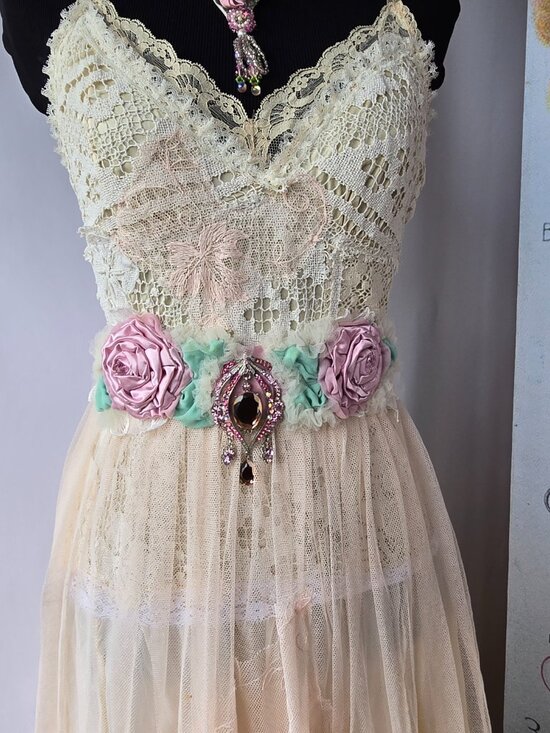 Handmade Light Pink Satin Rose and Crystal Sash Romantic Fairycore